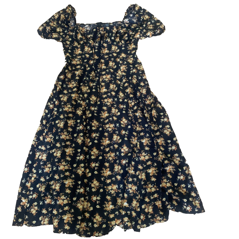 NEW SHEIN BLACK/GOLD‎ FLORAL UPPER TIE FRONT PUFF SLEEVE MIDI DRESS LARGE
